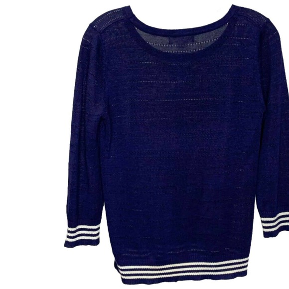 Kenar Women's‎ Sweater Pullover Top Blue White Stripe Sheer Crew Neck Size Small - Picture 2 of 6